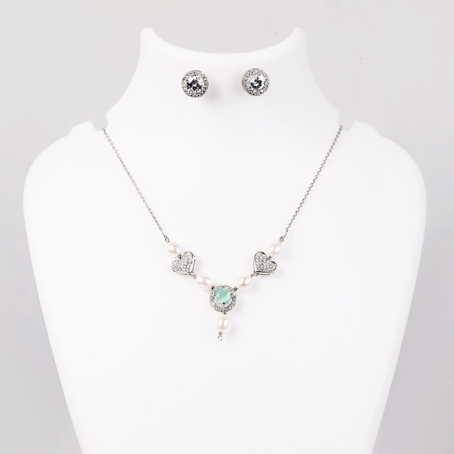 Pearl & Gemstone Silver Necklace Set - Delicate Hearts, Vibrant Center