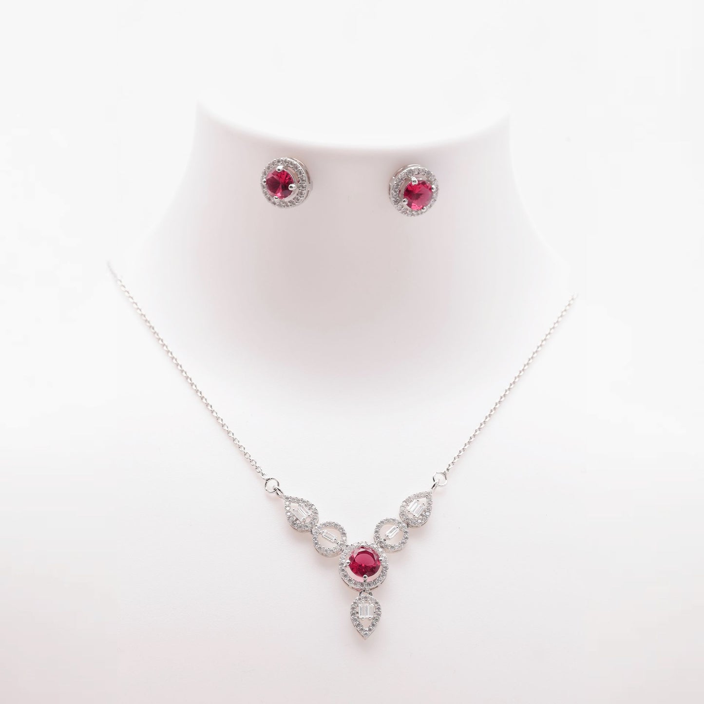 Silver Necklace Set - Rich Ruby Hue, Dazzling Halo