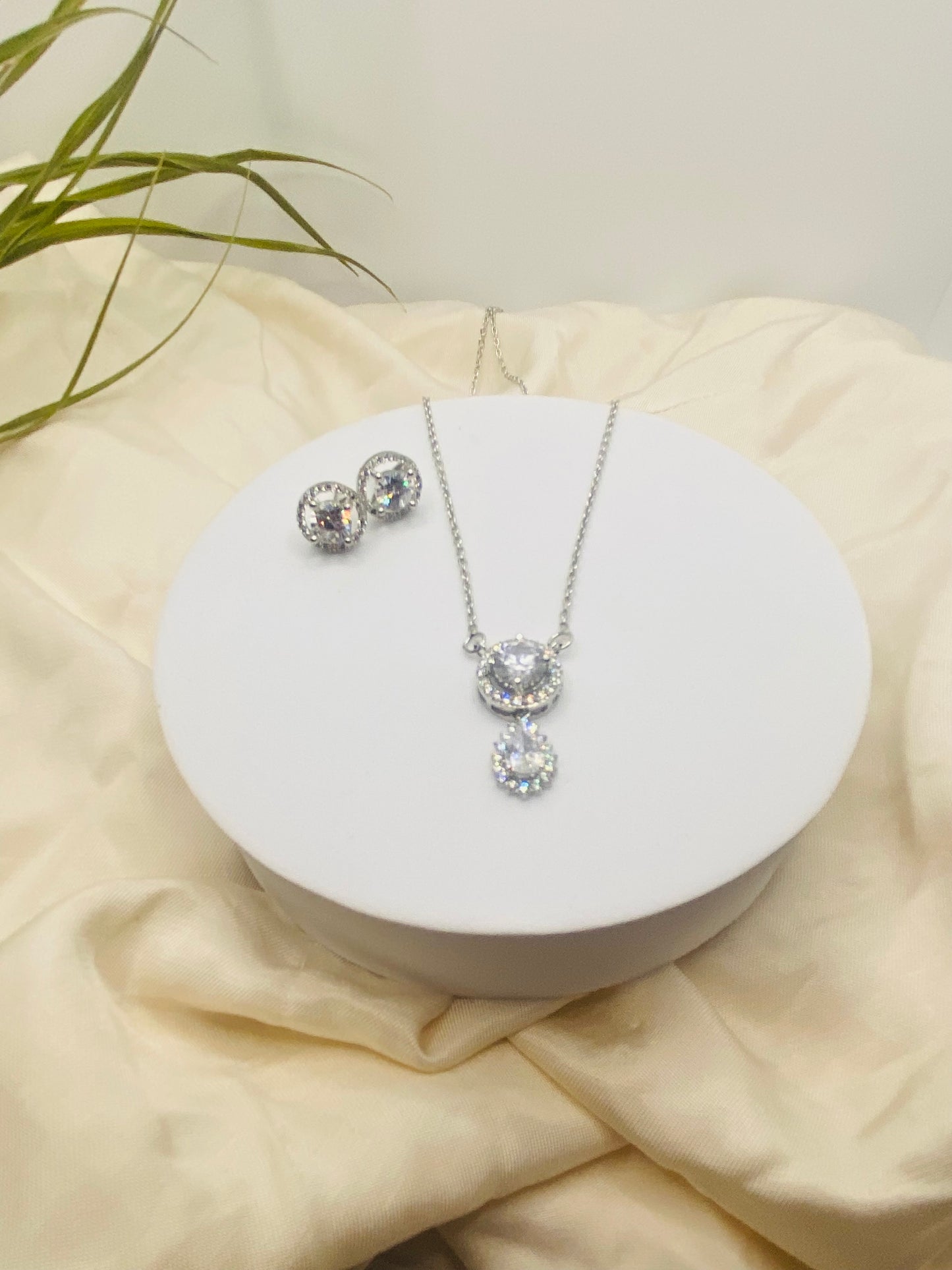 White Crystal Necklace & Earrings Combo – 92.5 Sterling Silver