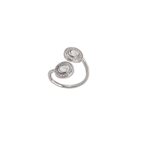 Adjustable Silver Ring with Mother-of-Pearl - Iridescent Moons, Sparkling Embrace NoorDazzle