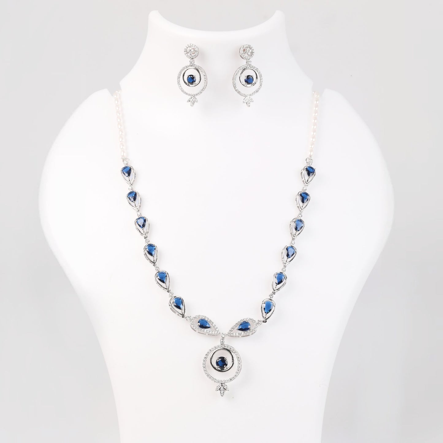 Silver & Blue Stone Necklace Set - Dazzling Drops, Vibrant Elegance