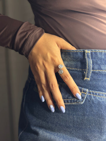 Adjustable Silver Ring with Mother-of-Pearl - Iridescent Moons, Sparkling Embrace NoorDazzle