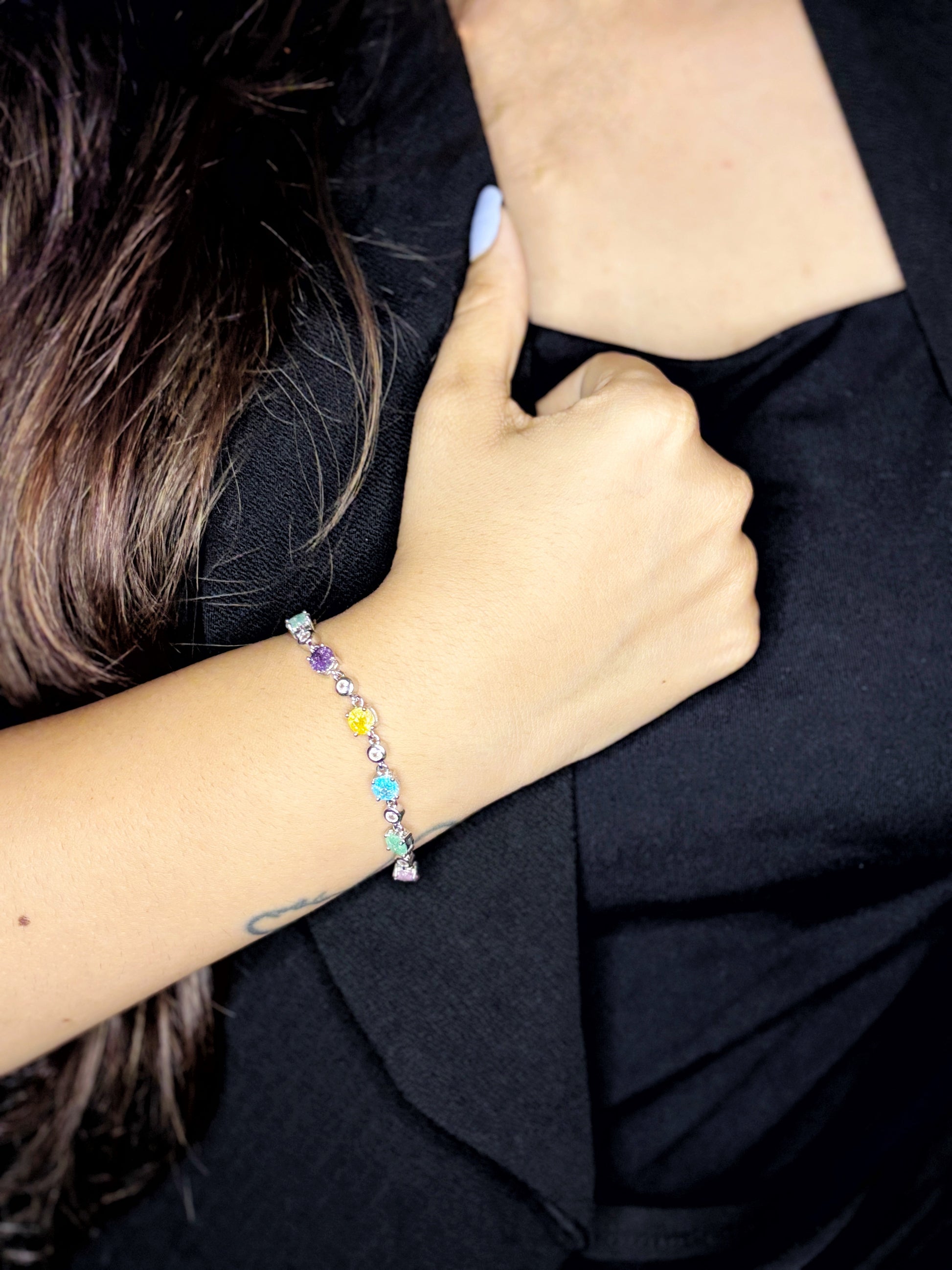 The "Rainbow Radiance" Multi-Gemstone Silver Bracelet - Vibrant Hues, Joyful Sparkle NoorDazzle