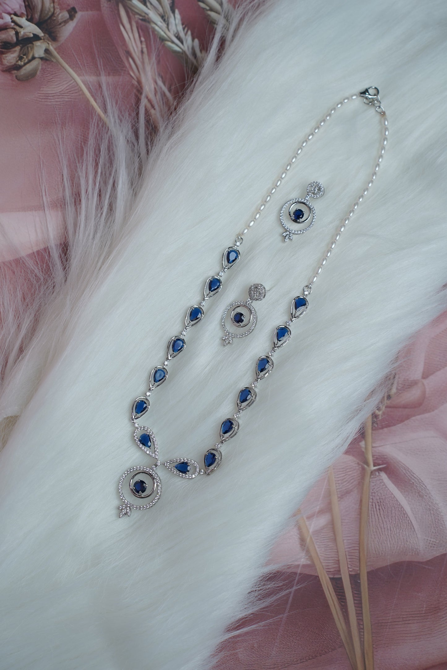 Blue Sapphire Necklace and Earrings Set