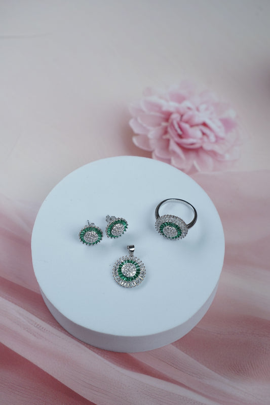 Elegant Green Ring, Earring, and Pendant Set