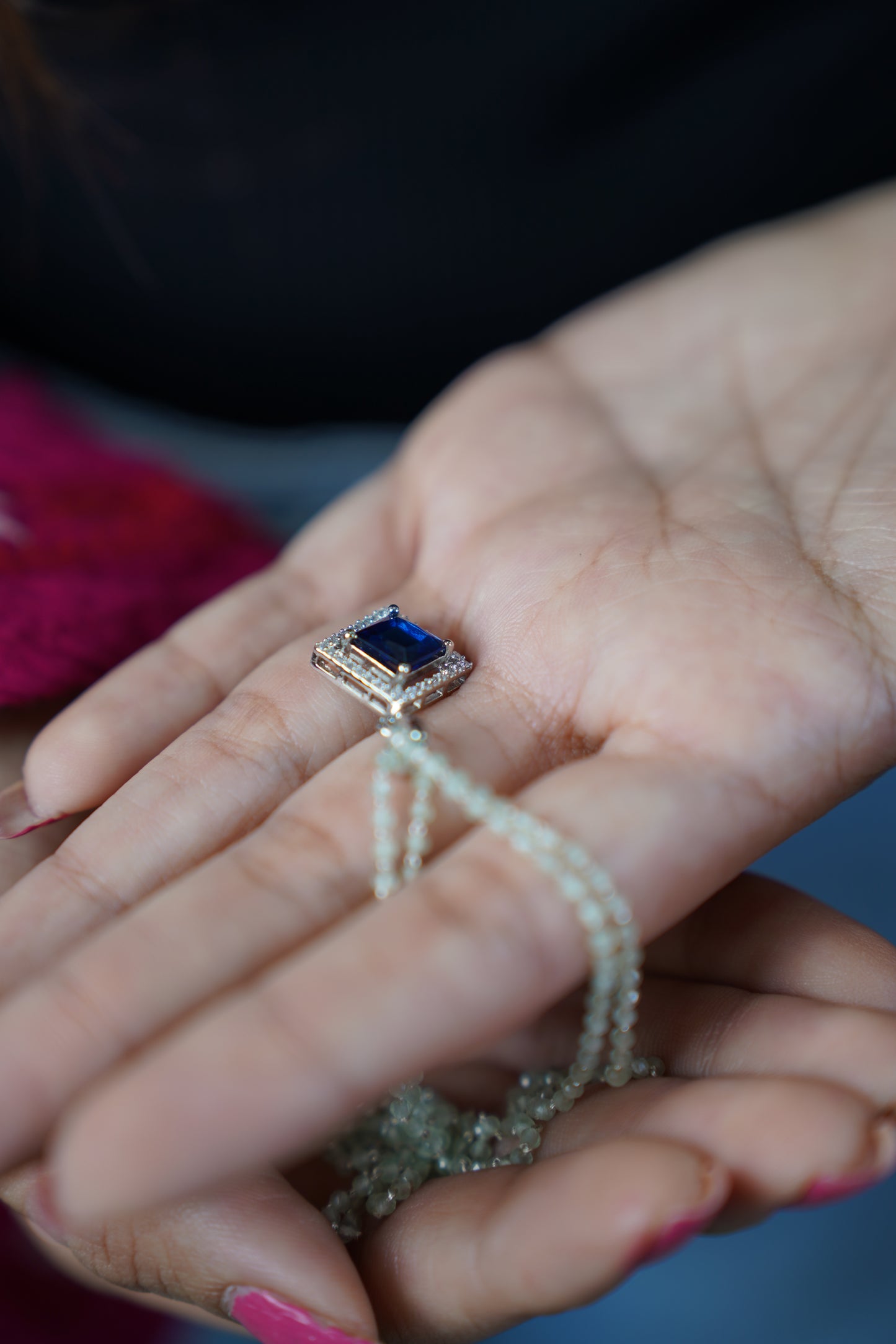 Sapphire Blue Diamond Stone Pendant paired with a delicate Green Pearl Chain