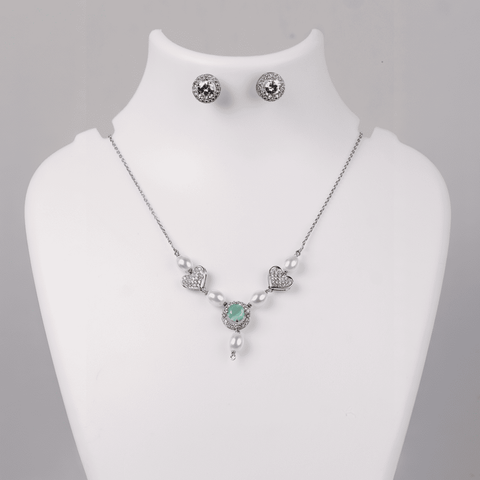 Pearl & Gemstone Silver Necklace Set - Delicate Hearts, Vibrant Center