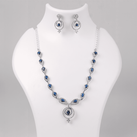 Silver & Blue Stone Necklace Set - Dazzling Drops, Vibrant Elegance