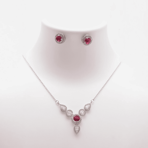 Silver Necklace Set - Rich Ruby Hue, Dazzling Halo